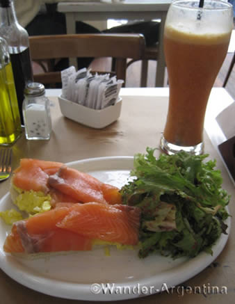A brunch plate of fresh salmon and salad at B-blue Deli in Palermo, Buenos Aires