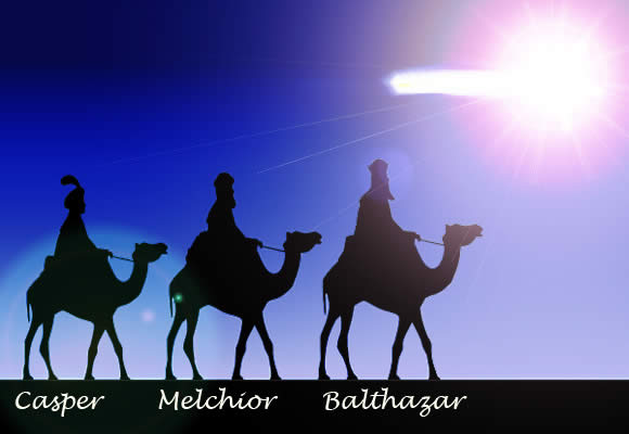 The three Kings, Casper, Melchior, and Balthazar on camel heading toward the star of Bethlehem