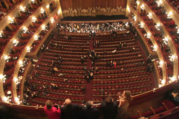 A view of the stage at the Colón Theater from the upper balcony seats