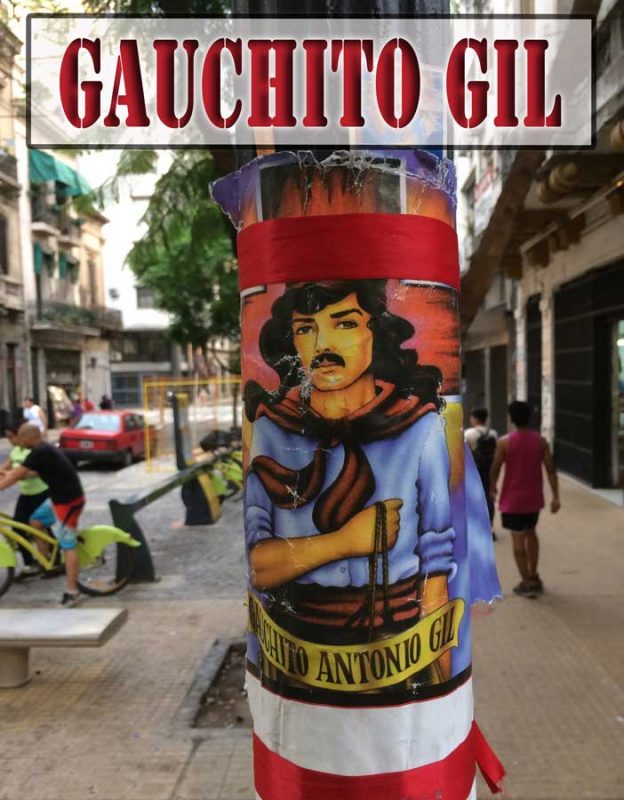A flyer of Gauchito Gil on a telephone pole in Buenos Aires