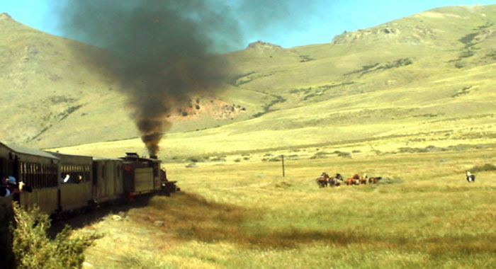 La Trochita train chugging through the Andes in Patagonia, Argentina 