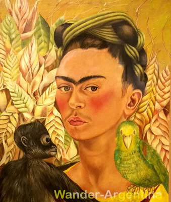 A close up of Frida Kahlo's Self-portrait with Monkey and Parrot
