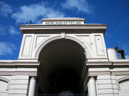 The exterior arch of the historic San Telmo market, or Mercado de San Telmo in the San Telmo neighborhood of Buenos Aires 
