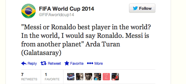 A tweet from FIFA quotes Arda Turan calling Messi the best player on the planet.