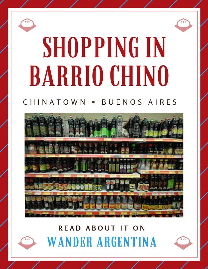 Supermarket shelves of soy sauce, with the words "Shopping in Barrio Chino: Read about it on Wander Argentina'