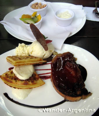 A brunch plate with waffles, toast and fruit at Novecento in Buenos Aires