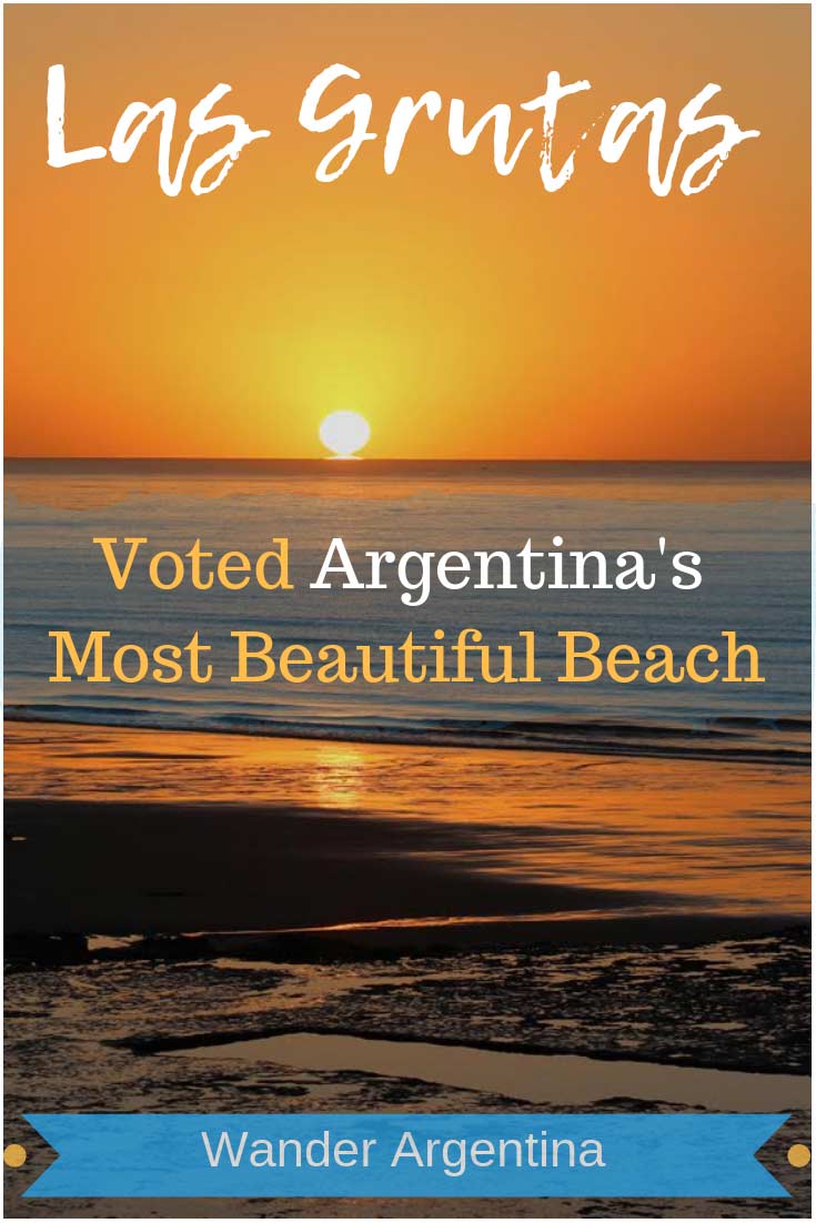 A sunset at Las Grutas, with the words 'Las Grutas: Voted Argentina's Most Beautiful Beach'