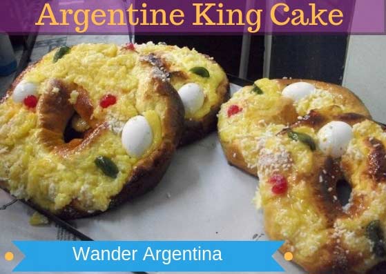Rosca de Reyes, a ring-shaped ‘Epiphany cake’ as served on the Day of Kings on January 6 in Argentina. Round cake with whole eggs with the words, 'Argentine King Cake'.