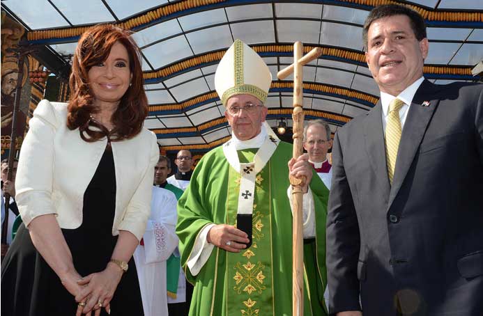 Argentine President Cristina Kirchner, Pope Francis and Ecuador's President Horacio Cartes on the Pope's first Papal visit to Latin America