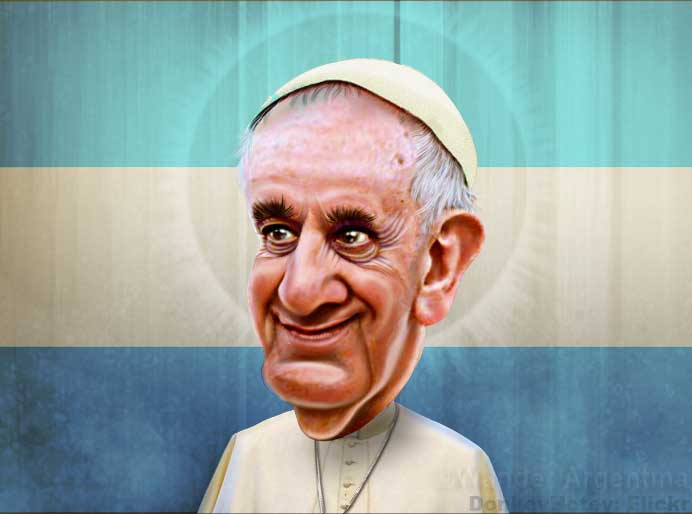 A caricature of Pope Francis over an Argentine flag