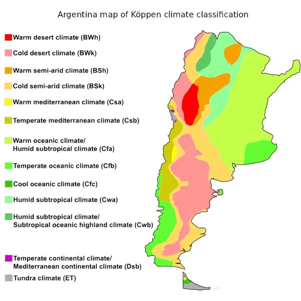 A color-coded map of Argentina outlining the 13 climate zones of the country