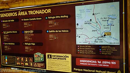 A government sign at La Pampa Linda service area that details the trails around the Mount Tronador area of Patagonia 