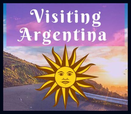 Visiting Argentina: Sunset picture overlay with the Sol de Mayo, or May Son, emblem that appears on the Argentine national flag