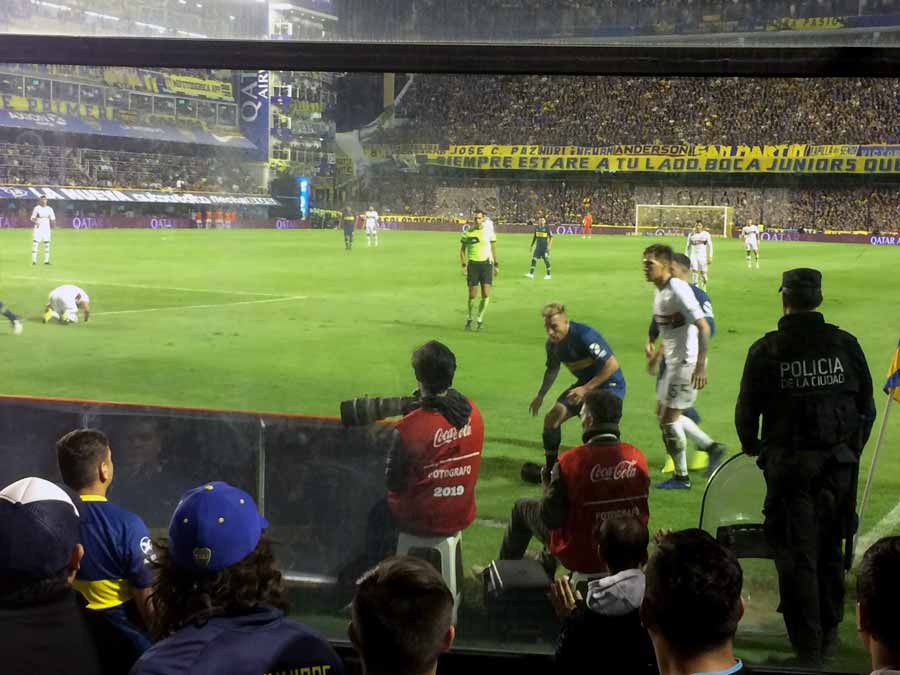 A close view of professional football at Boca Junior's stadium, the Bombonera