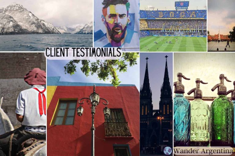 Collage of Argentina scenes with words, 'Client Testimonials'