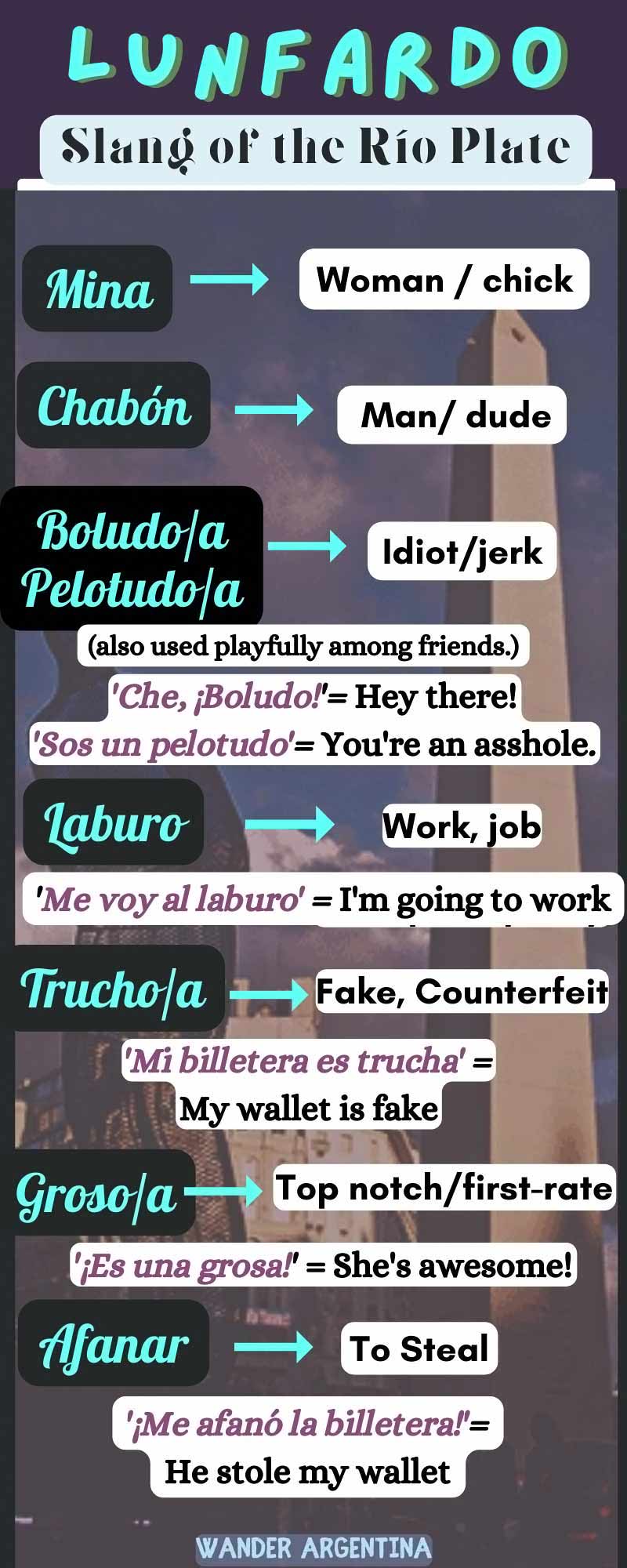 Lunfardo -slang of the River Plate, Common words infograph