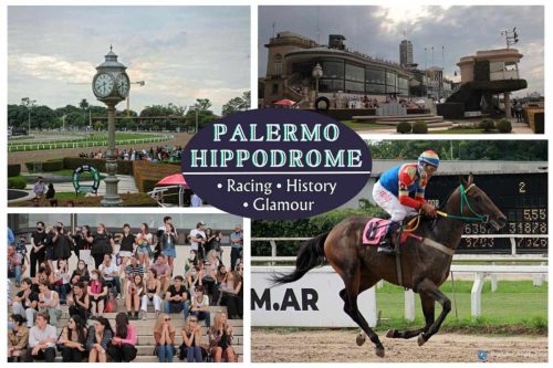 Palermo Hippodrome: Racing, History, Glamour collage with pictures of the racetrack, the tribune, a horse and jockey and crowd