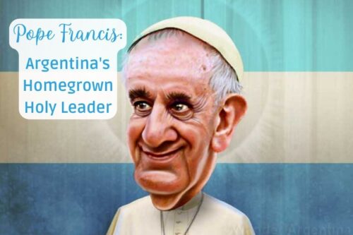 A caricature of a smiling Pope Francis with an Argentine flag in the background.