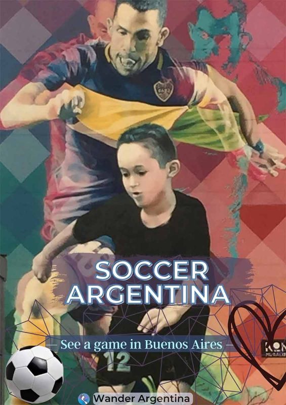 Mural of Carlos Tevez playing with a child  by Martin Ron with the words 'Soccer Argentina -- see a game in Argentina' 