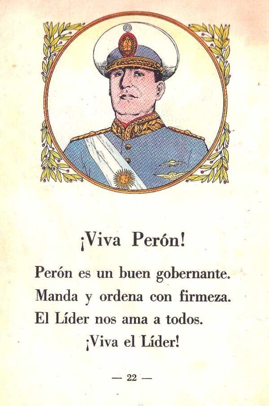 A children's book with a picture of Juan Perón and the words "Long Live Perón" 