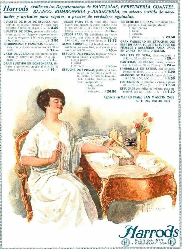 An old advertisement from Harrods Buenos Aires with a list of products and an image of a woman at a dressing table