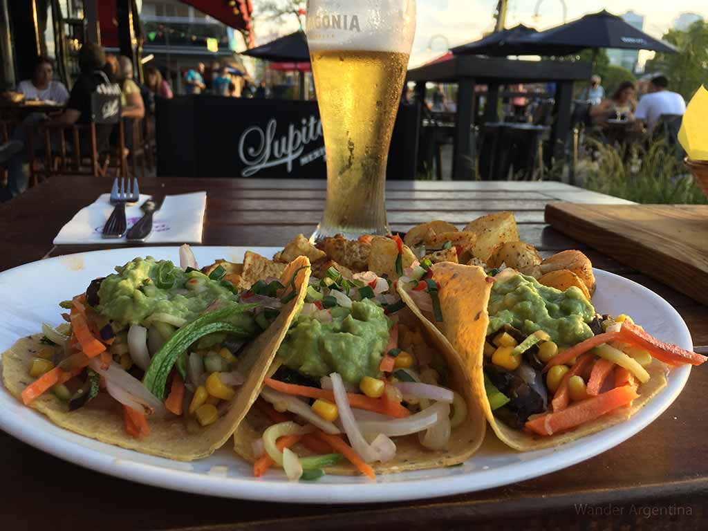 Vegetarian tacos and a pint of beer
